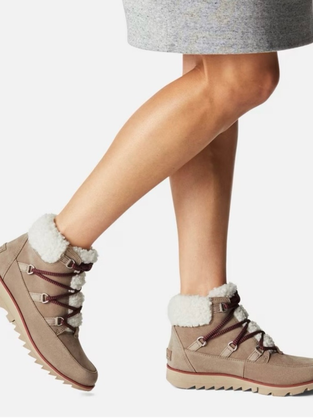 Sorel Tan Suede Shearling-Lined Lace-Up Ankle Boots with Burgundy Laces